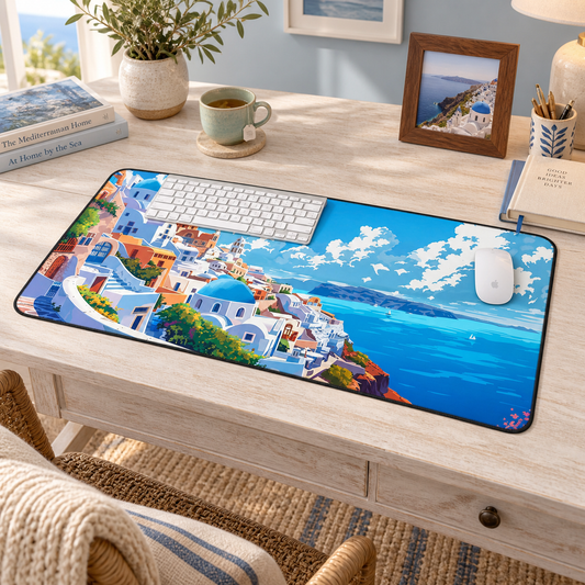 Santorini Serenity Desk Mat (Desk Pad) in a warm home workspace with a white Apple mouse.