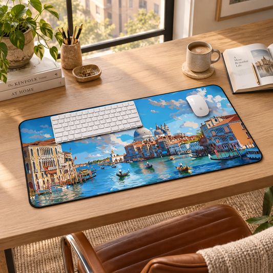 Venetian Grand Canal Desk Mat (Desk Pad) in a warm home workspace with a white Apple mouse.