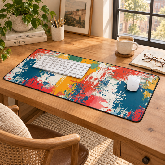 Paint Splash Palette Desk Mat (Desk Pad) in a warm home workspace with a white Apple mouse.