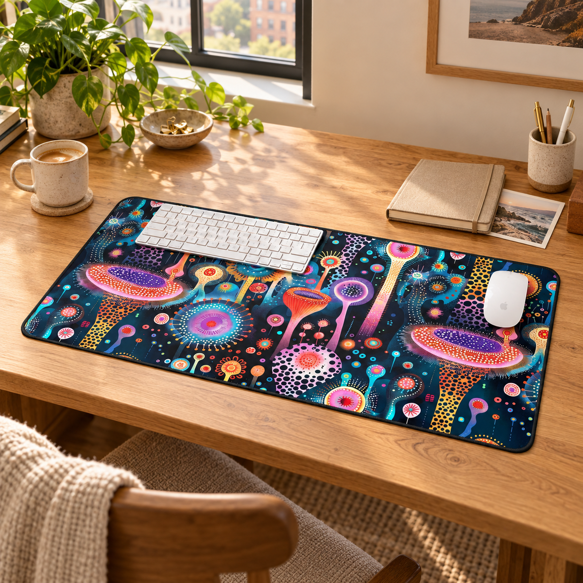 Surreal Seascape Forest Desk Mat (Desk Pad) in a warm home workspace with a white Apple mouse.