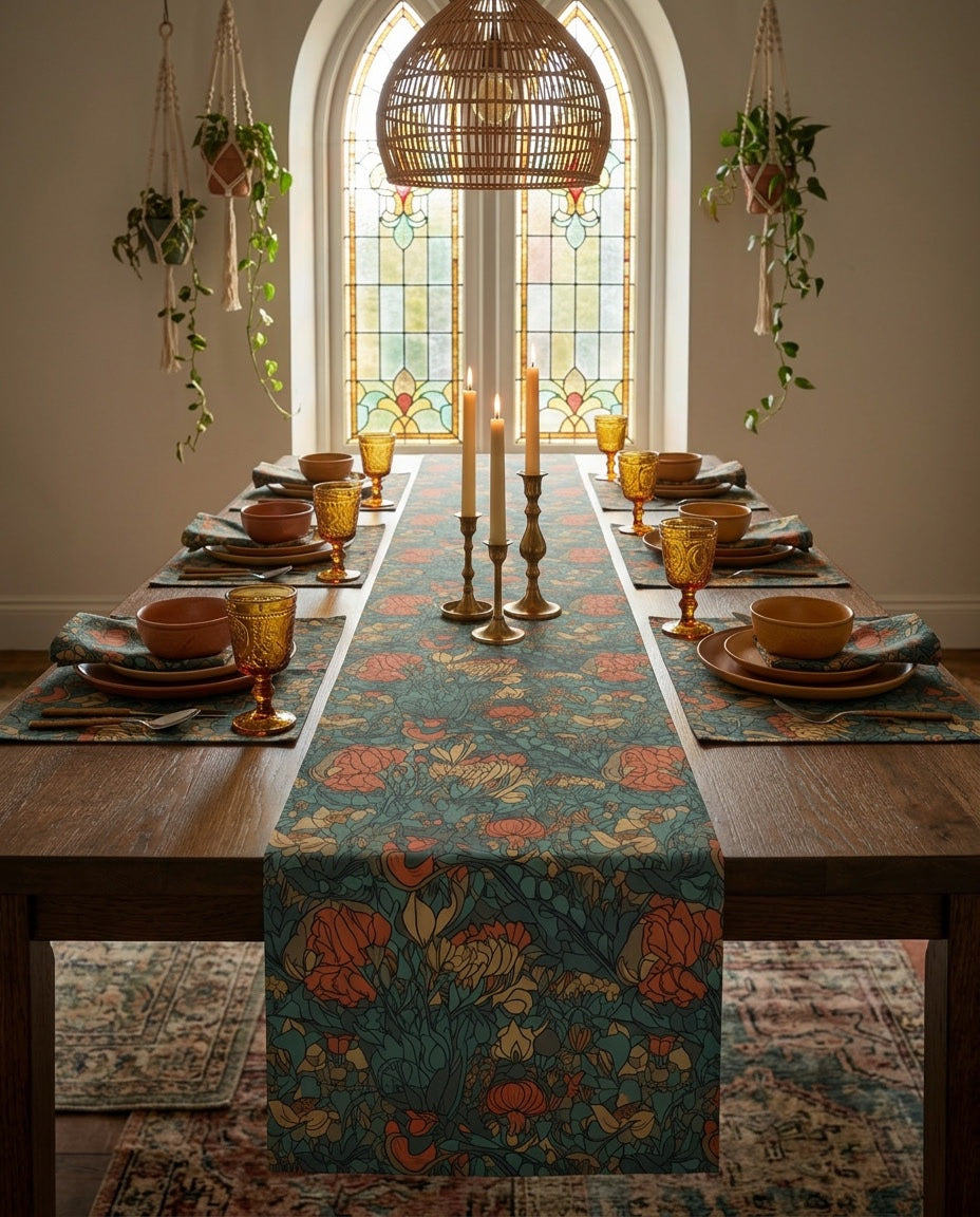 Bohemian Stained Glass Serenity placemat styled with the matching table runner and napkins