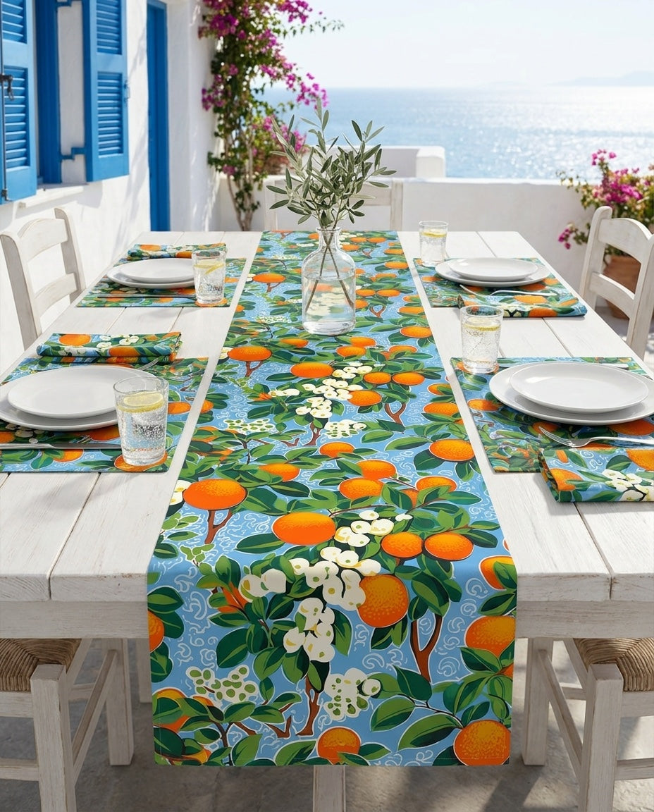Citrus Blue Bliss napkins styled with the matching placemats and table runner