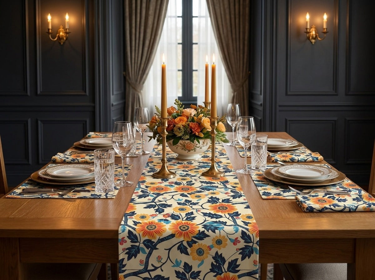 Golden Vine Tapestry table runner styled straight-on with matching placemats and napkins
