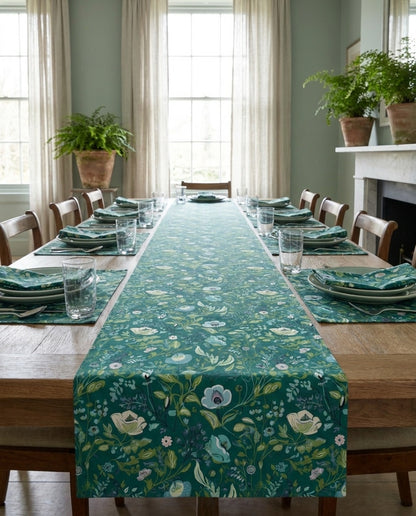 Serene Green Floral placemat styled with the matching table runner and napkins