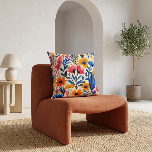 Happy Heartfelt Blooms square throw pillow on a terracotta chair in a bright Spanish Revival room
