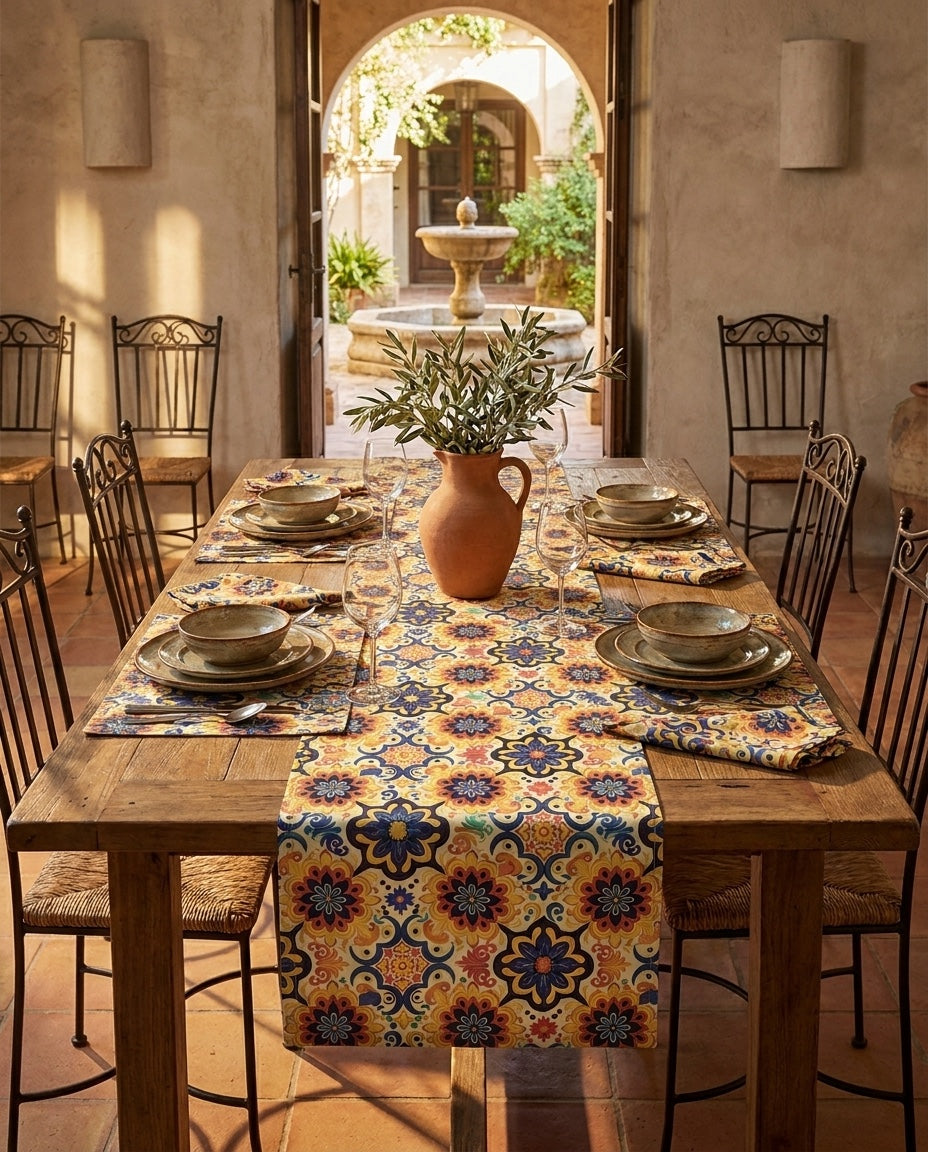 Majorcan Mosaic Splendor placemat styled with the matching table runner and napkins