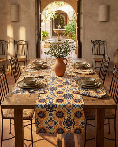 Majorcan Mosaic Splendor placemat styled with the matching table runner and napkins