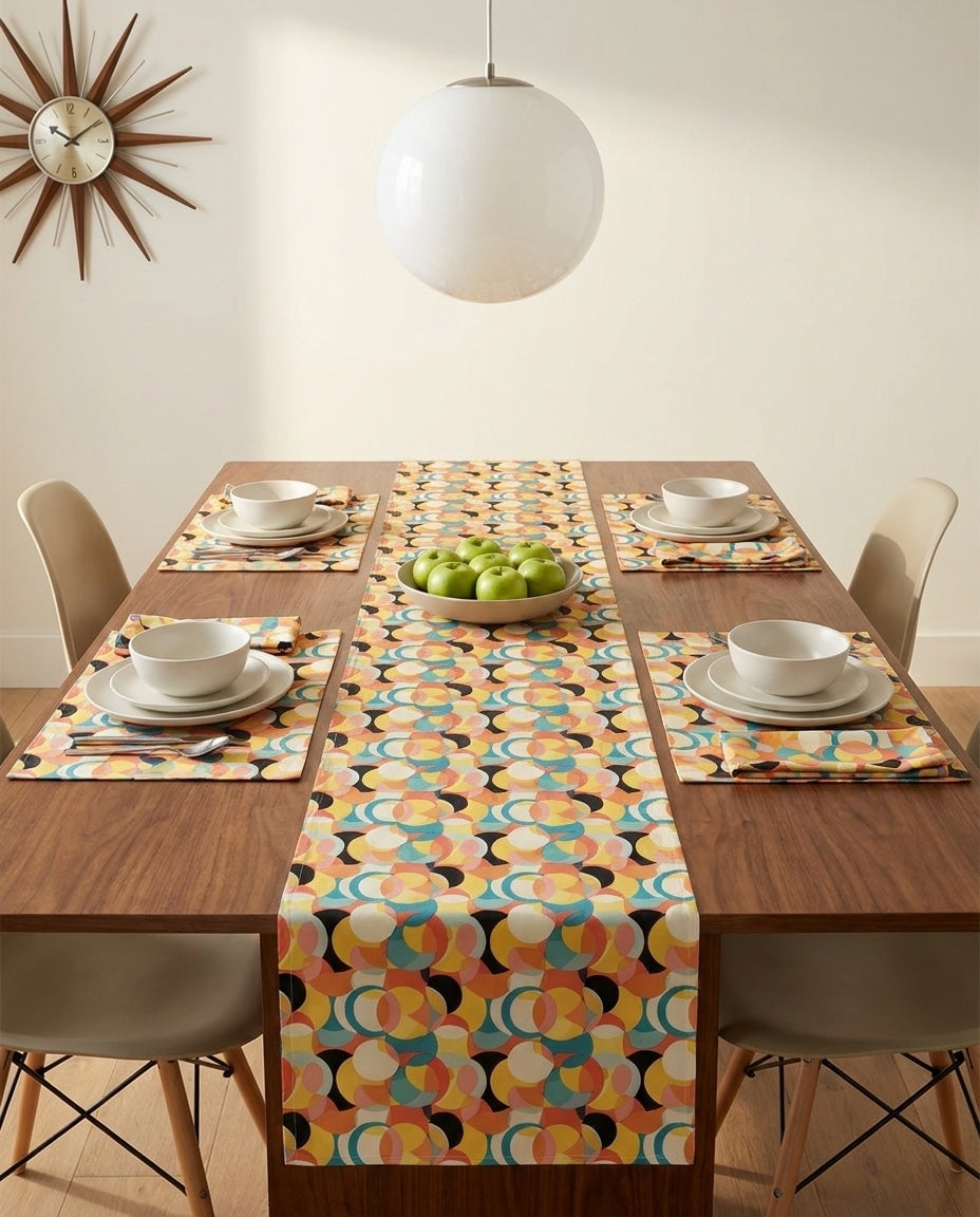 Mod Circle Medley placemat styled with the matching table runner and napkins