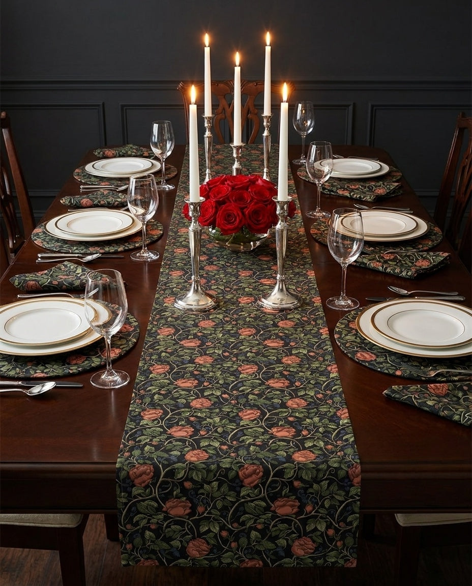 Red Red Rose napkins styled with the matching placemats and table runner