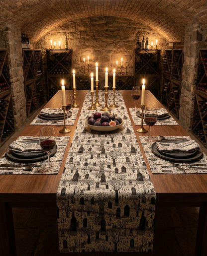 Spooky Gothic Cemetery Chic napkins styled with the matching placemats and table runner