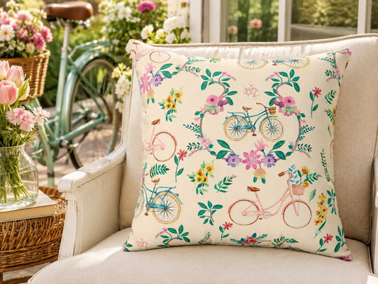 Spring Bicycle square throw pillow in a bright spring garden room