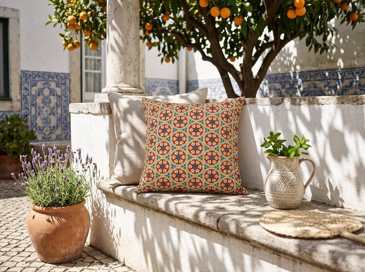 Sunlit Arabesque square throw pillow in its unique interior setting