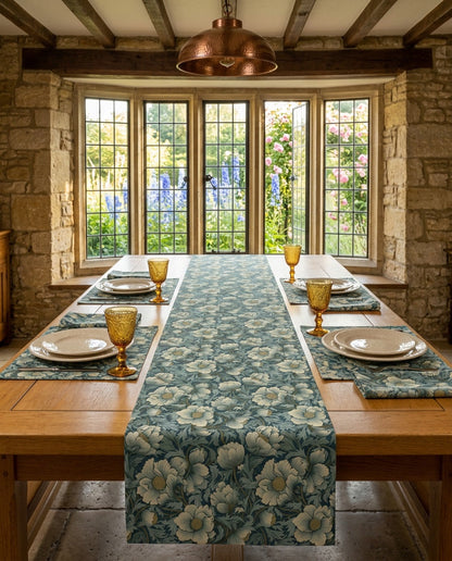 Timeless Teal English Garden napkins styled with the matching placemats and table runner