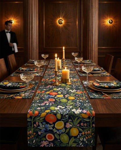 Magical Fruitiness table runner styled straight-on with matching placemats and napkins