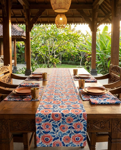 Whimsical Batik Blossoms napkins styled with the matching placemats and table runner