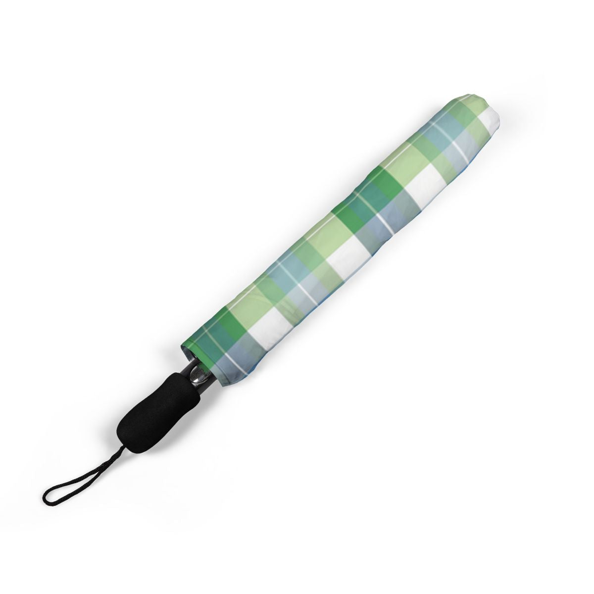 Spring Mist Plaid umbrella folded closed, showing the printed canopy and wrist strap