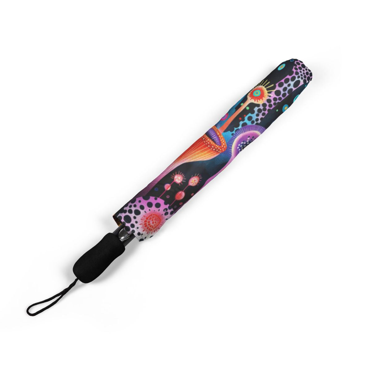 Surreal Seascape Forest umbrella folded closed, showing the printed canopy and wrist strap
