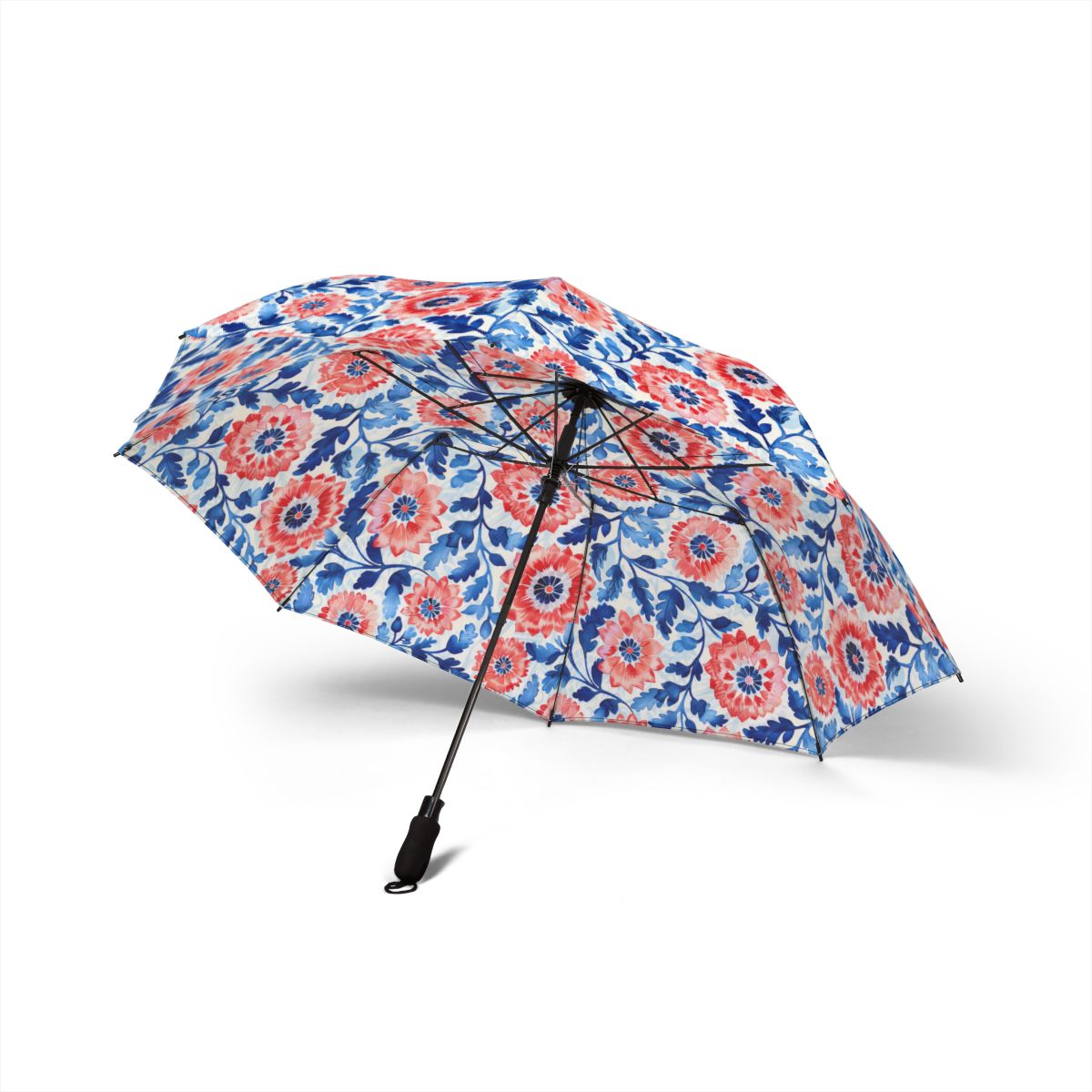 Whimsical Batik Blossoms foldable umbrella, open — side view
